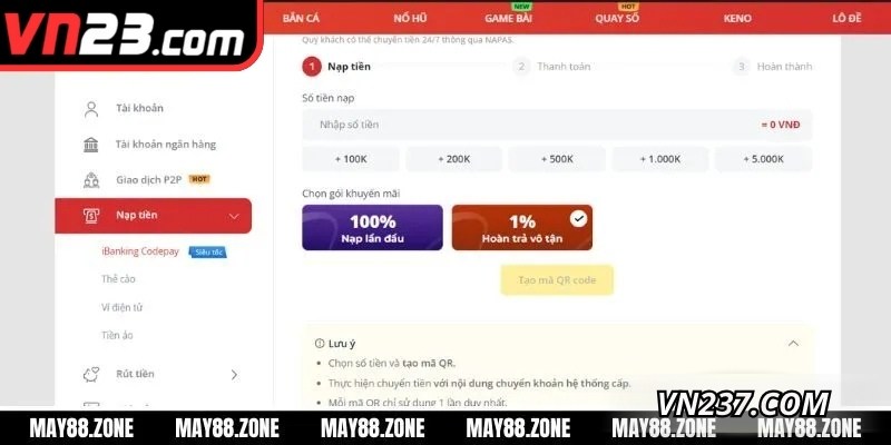 Phương thức được lựa chọn nhiều nhất khi nạp tiền VN23